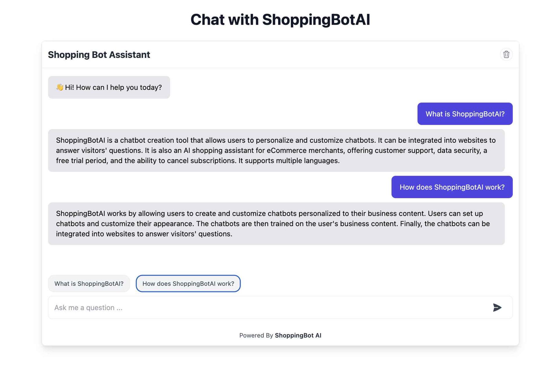 ShoppingBotAI chatbot window